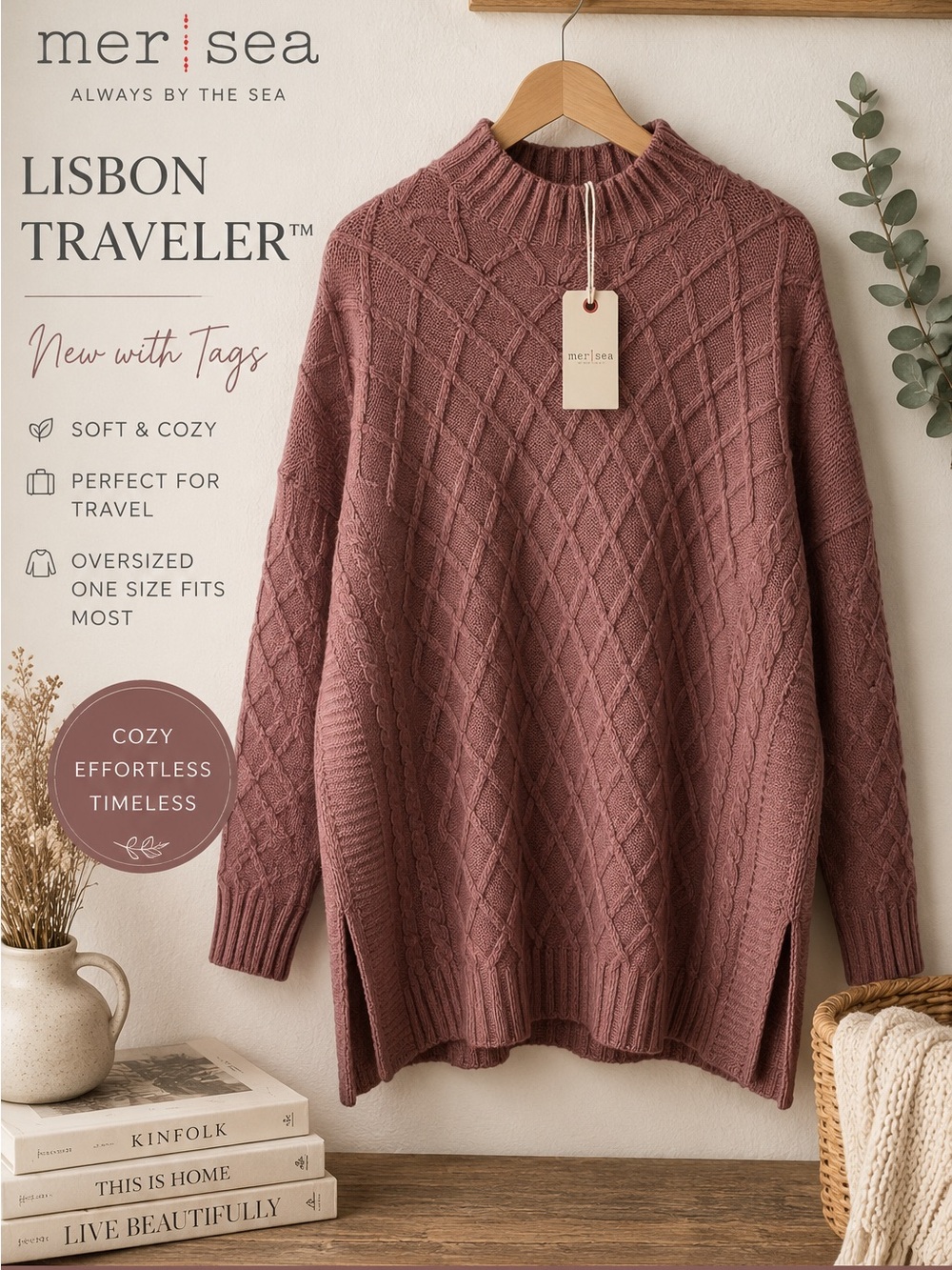 NWT Mer Sea Lisbon Traveler Mock Neck Sweater OS Dusty Mauve Oversized Tunic